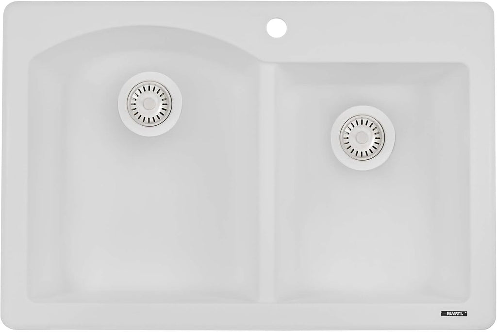 Ruvati 33 x 22 inch epiGranite Drop-in Topmount Granite Composite Quartz Double Bowl Kitchen Sink - Arctic White - RVG1344WH