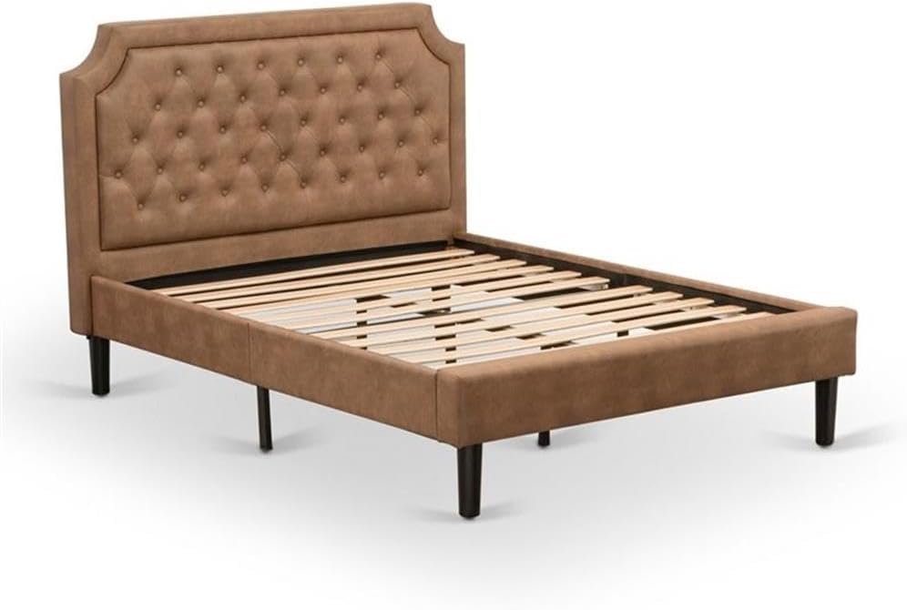East West Furniture GB28F-1HI0M 2-Piece Platform Full Bed Set with Button Tufted Bed Frame and an Antique Mahogany Mid Century Modern Nightstand - Brown faux Leather with Brown Texture and Black Legs
