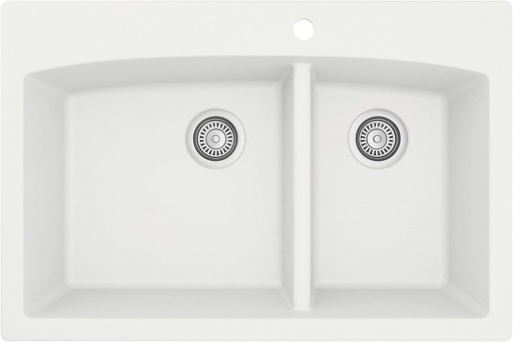 Karran 33-Inch Quartz Composite Drop-In 60/40 Low-Divide Double Bowl Kitchen Sink, Top-Mount, White, Heat & Scratch Resistant, Pre-Drilled Faucet Hole