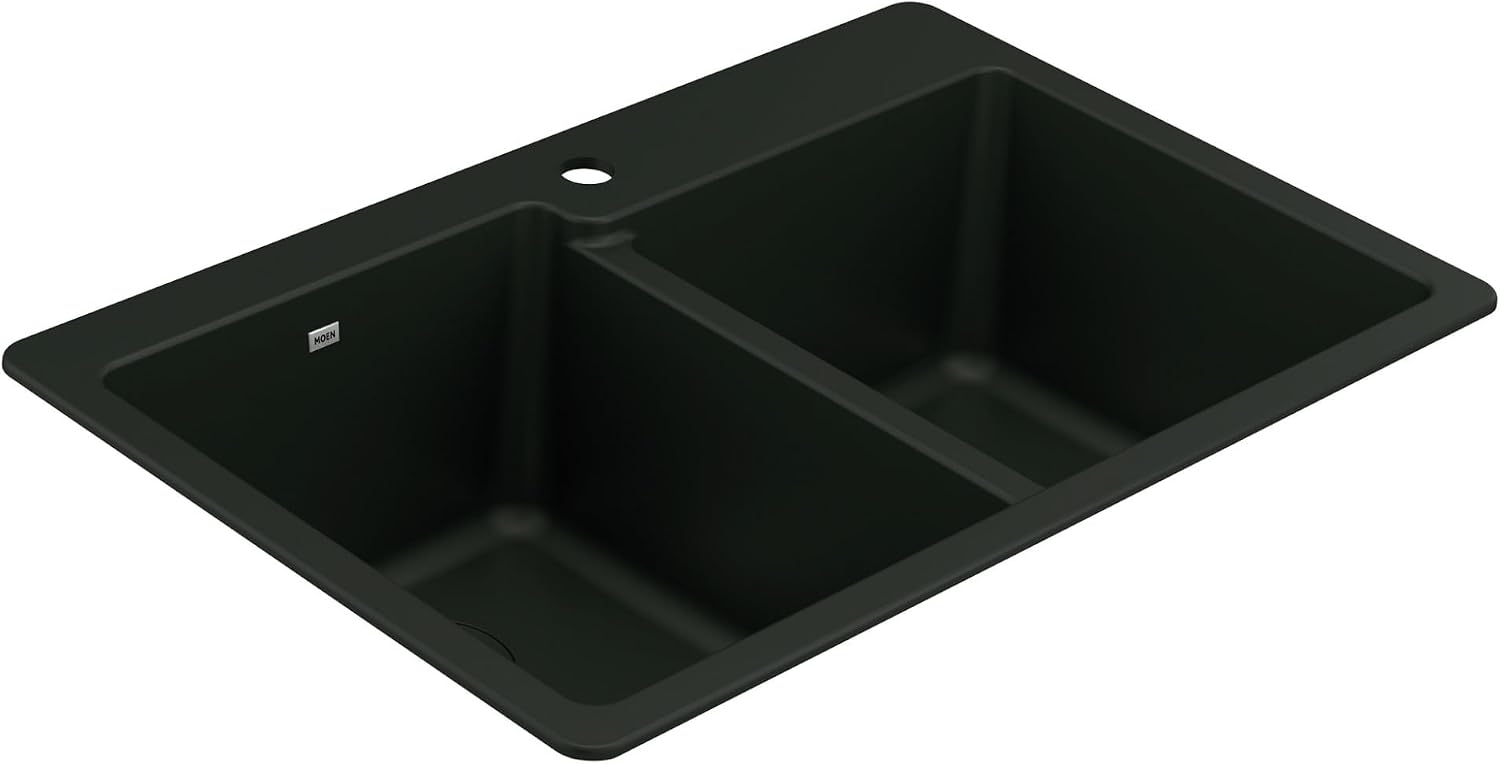 Moen Host Black Granite 33-Inch Wide x 9.5-Inch Deep Dual Mount Double Bowl Kitchen Sink, GGB3024B