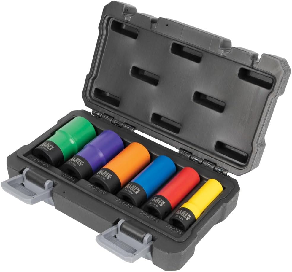 Klein Tools 66033 1/2-Inch Drive SAE Impact Socket Set with 12-Point Deep Sockets, High Visibility, Color Coated, Case Included, 6-Piece