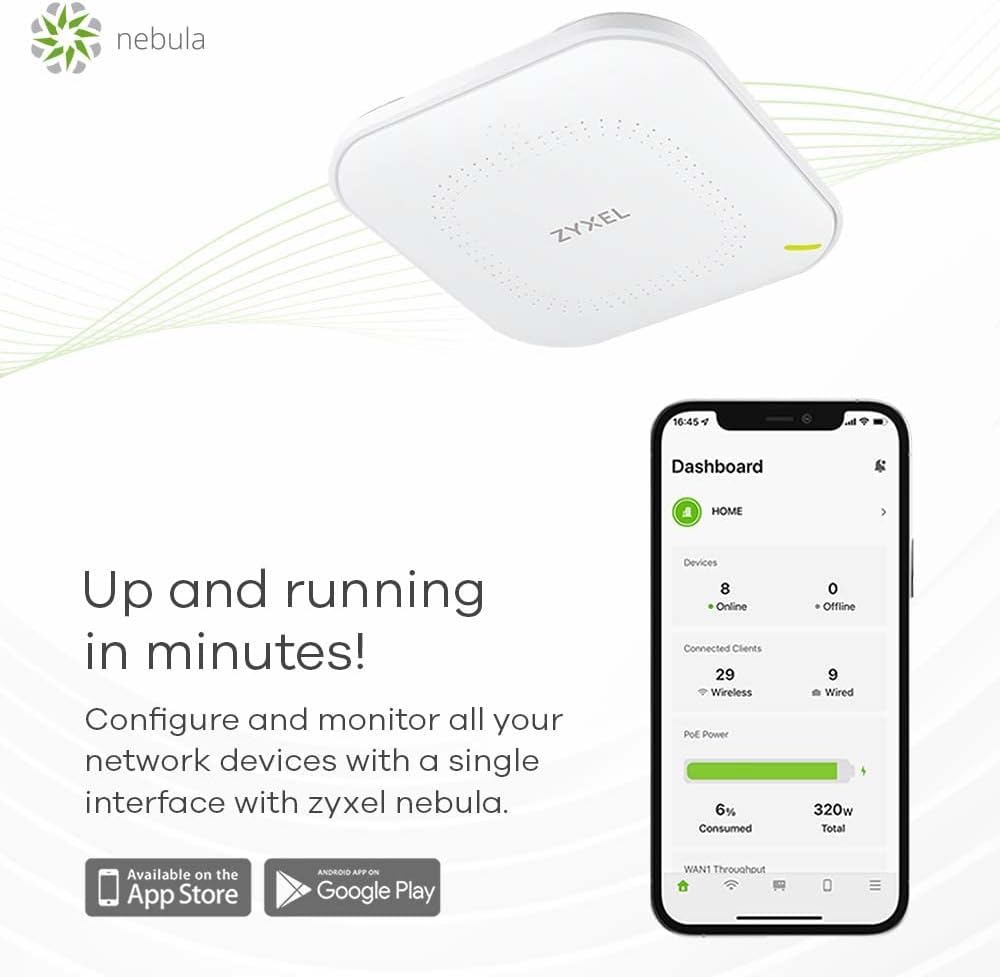 Zyxel WiFi 6 AX1800 Wireless Gigabit Access Point | Mesh, Seamless Roaming, Captive Portal & MU-MIMO | WPA3 Security | Cloud, App or Direct Management | POE+ | AC Adapter Included |NWA90AX