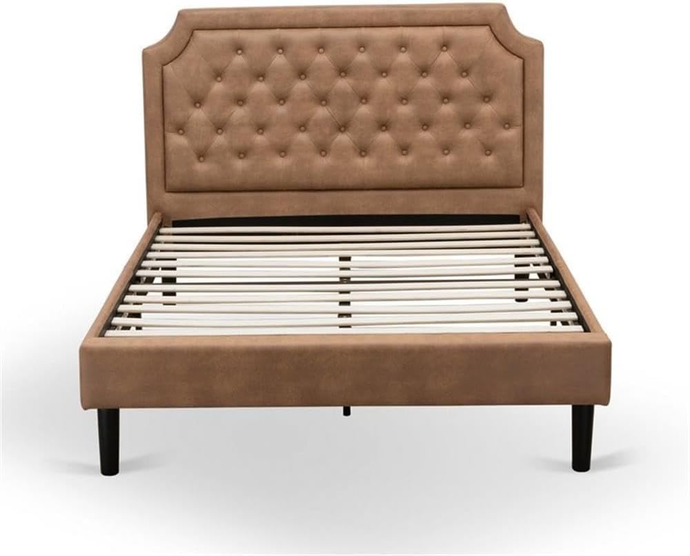 East West Furniture GB28F-1HI0M 2-Piece Platform Full Bed Set with Button Tufted Bed Frame and an Antique Mahogany Mid Century Modern Nightstand - Brown faux Leather with Brown Texture and Black Legs