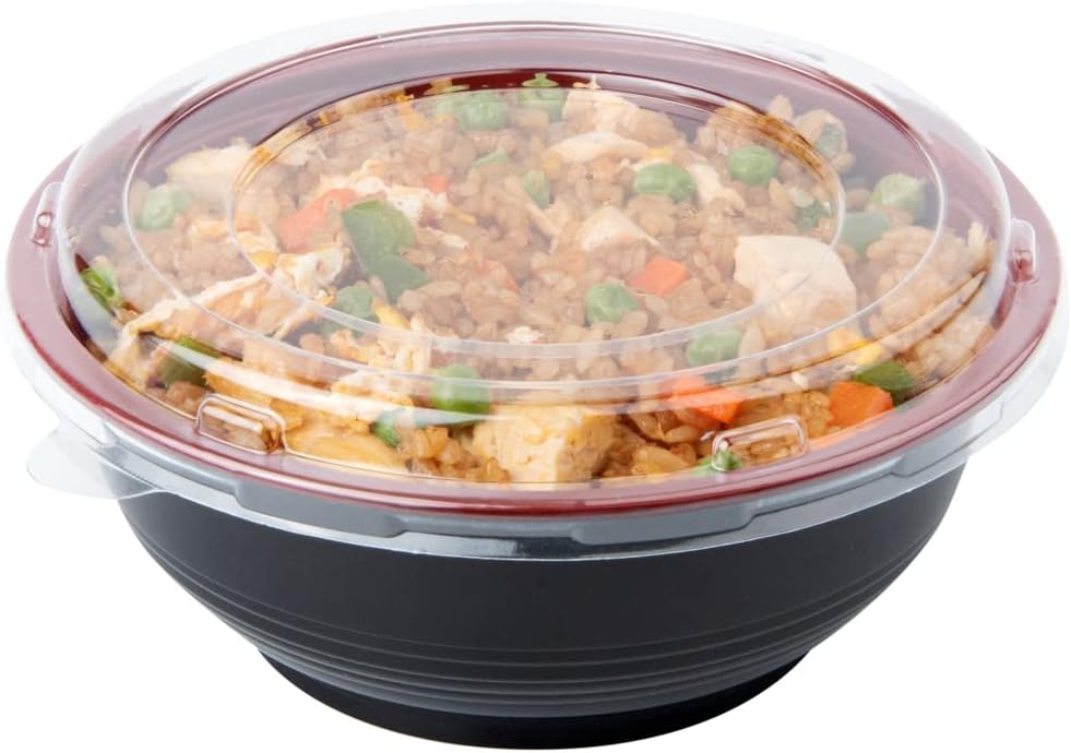 24 Ounce Food Containers, 200 Disposable Salad Bowls - Lids Included, Microwavable, Black And Red Plastic To Go Bowls, Asian Inspired, Perfect For Picnics, Or Take Outs - Restaurantware