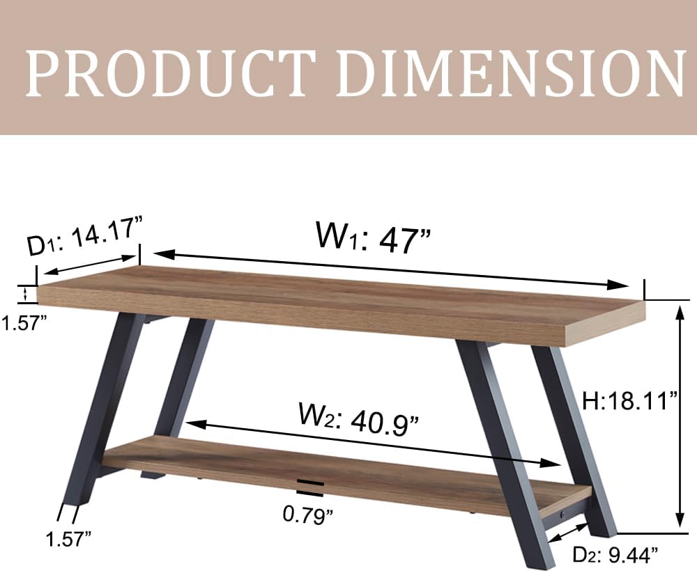 LVB Industrial Entryway Bench, Wood and Metal Storage Bench for Living Dining Room, Farmhouse Indoor Entry Way Shoe Benches Seat, Rustic Oak, 47 Inch Long