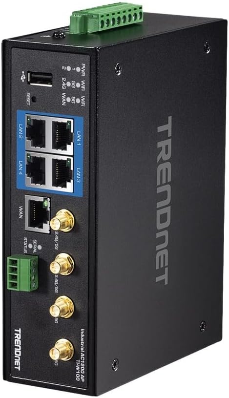 TRENDnet Industrial AC1200 Wireless Dual Band Gigabit Router, TI-W100, 4 x Gigabit PoE+ Ports, 1 x Gigabit WAN Port, IP30 Housing, Dual-WAN, VPN, DIN-Rail Mount, NDAA + TAA Compliant
