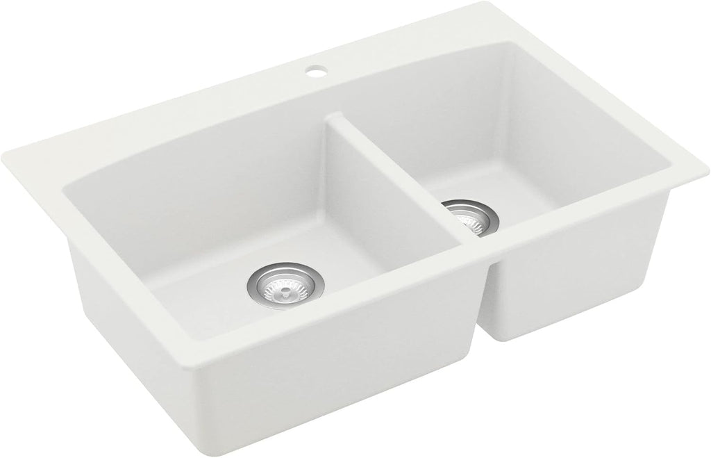 Karran 33-Inch Quartz Composite Drop-In 60/40 Low-Divide Double Bowl Kitchen Sink, Top-Mount, White, Heat & Scratch Resistant, Pre-Drilled Faucet Hole
