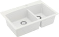 Karran 33-Inch Quartz Composite Drop-In 60/40 Low-Divide Double Bowl Kitchen Sink, Top-Mount, White, Heat & Scratch Resistant, Pre-Drilled Faucet Hole