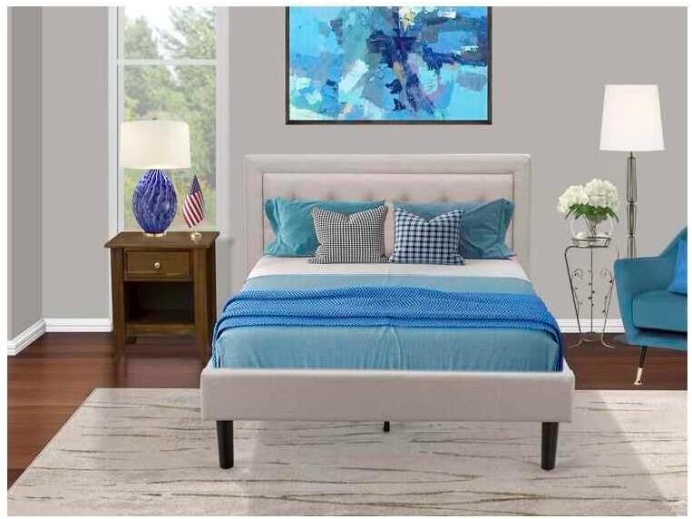 HomeStock Southwestern Sanctuary 2 Piece Platform Bedroom Set with 1 Wood Bed Frame and a Mid Century Modern Nightstand Reliable and Mist Beige Linen Fabric Full/Antique Walnut