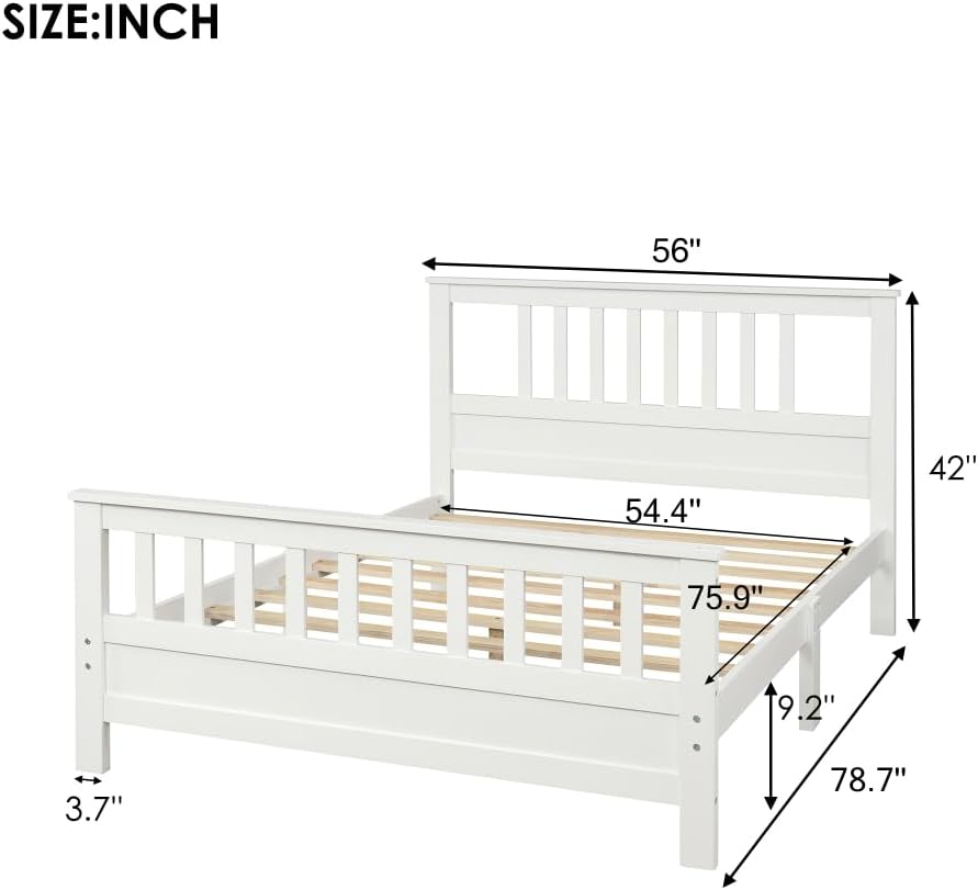 Solid Wood Platform Bed Frame with Integrated Headboard and Footboard for Supportive, Minimalist Bedroom Setup (White + Pine + Full)