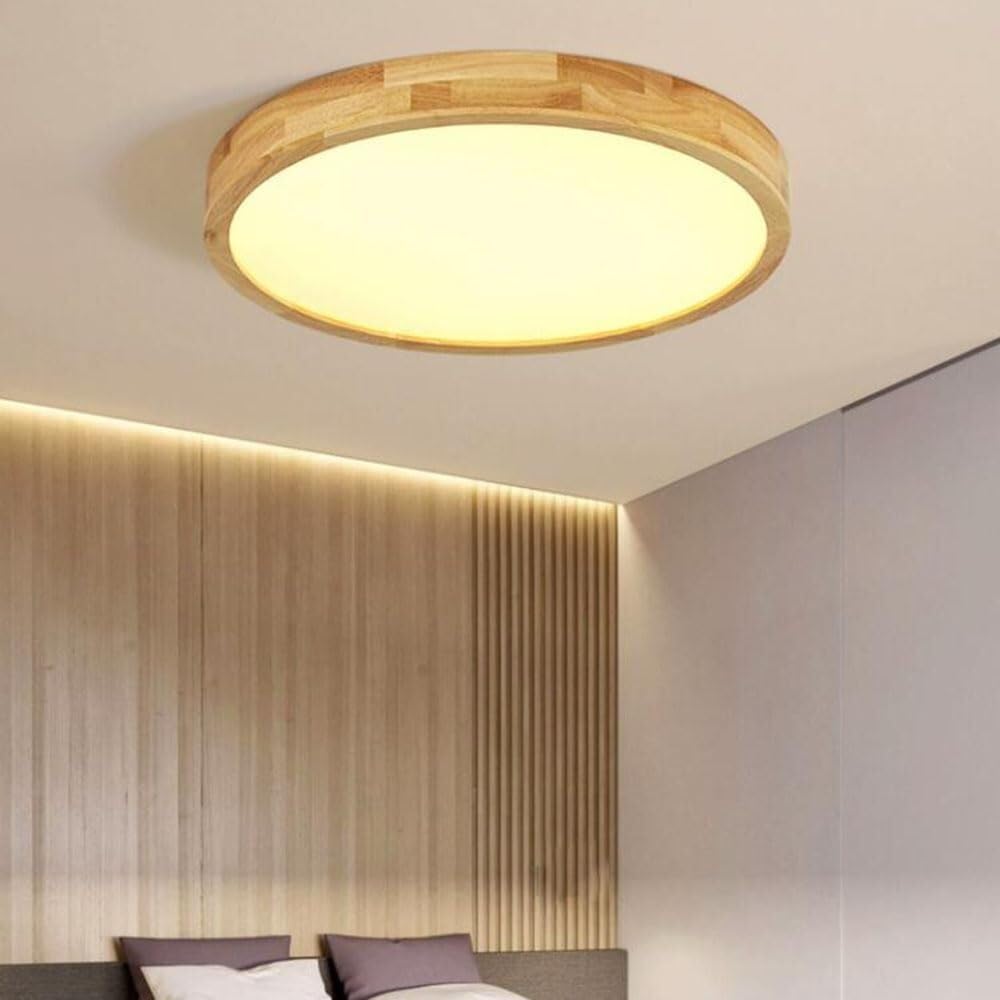 Wooden LED Flat Ceiling Lamp Ultra-Thin Atmosphere Lighting Ceiling Light Elegant Circular Panel Ceiling Light Fixture for Living Room Bedroom Dining Room Kitchen Study Room Corridor(30cm)