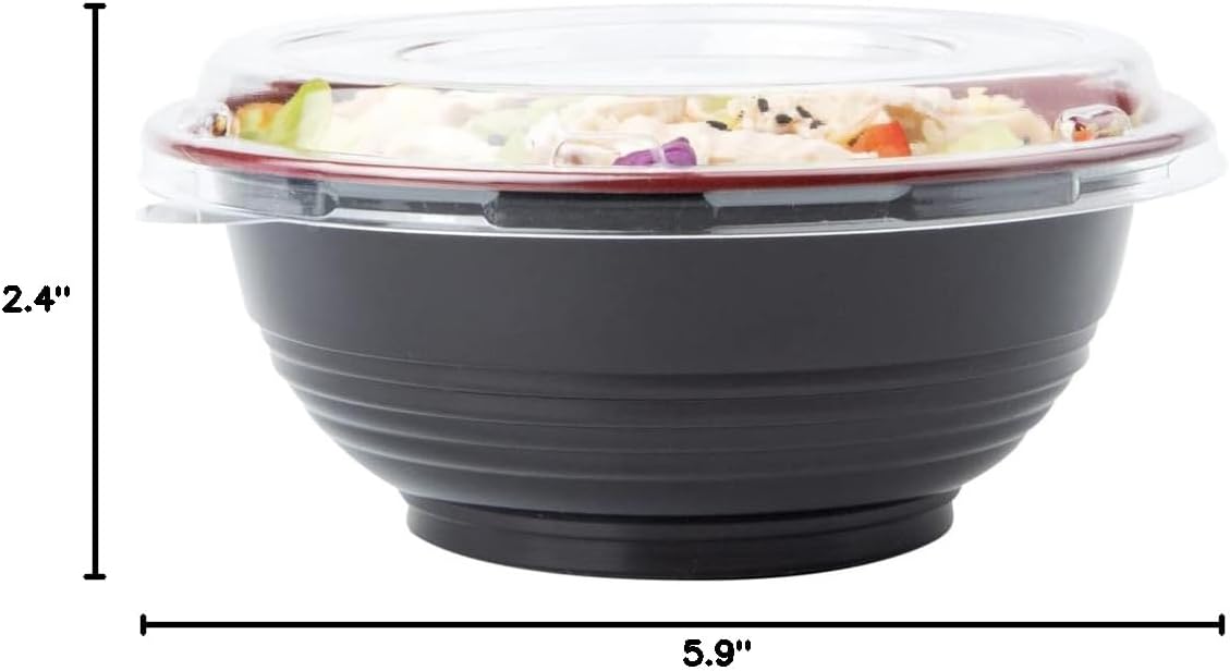 Restaurantware 18 Ounce Food Containers 200 Disposable Salad Bowls - Lids Included Microwavable Black And Red Plastic To Go Bowls Asian Inspired Perfect For Picnics Or Take Outs