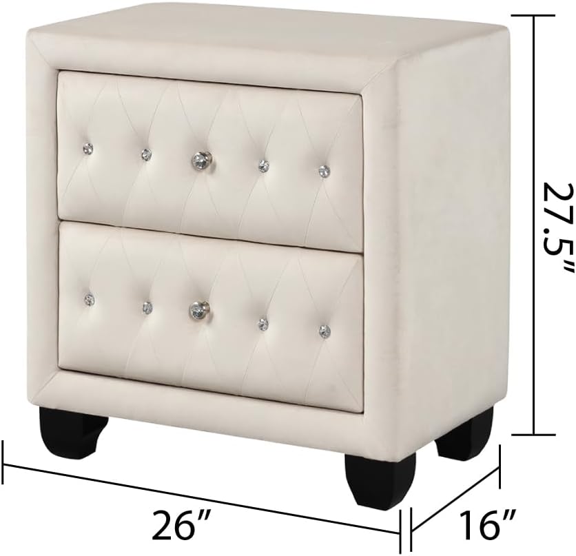 Crystal Tufted Full 4 Pc Vanity Bedroom Set Made with Wood in Cream
