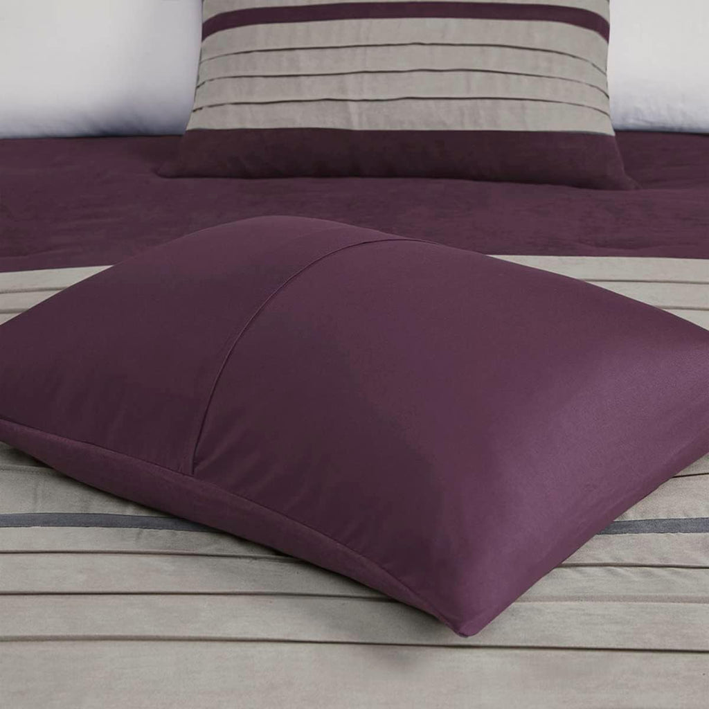 Madison Park Palmer Comforter Set - Faux Suede Design, Striped Accent, All Season Down Alternative Bedding, Matching Shams, Decorative Pillow, Bed Skirt, King (104 in x 92 in), Purple 7 Piece