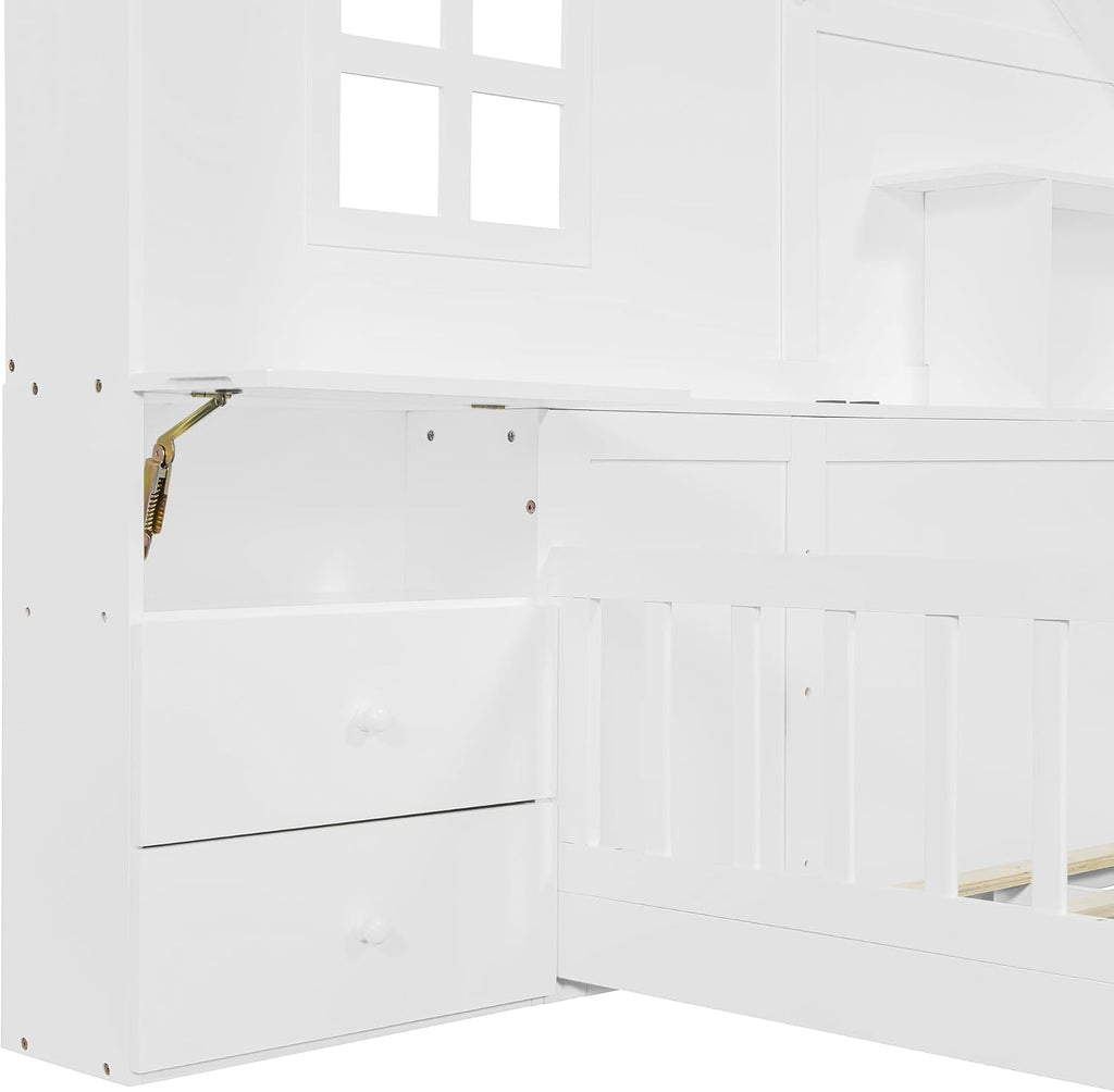 Full Floor House Bed for Kids, Wood Montessori Floor Bed with Rails, Window and Bedside Drawers, Kids Full Platform Bed with Shelves and a Set of Sockets and USB Port (Full,White)