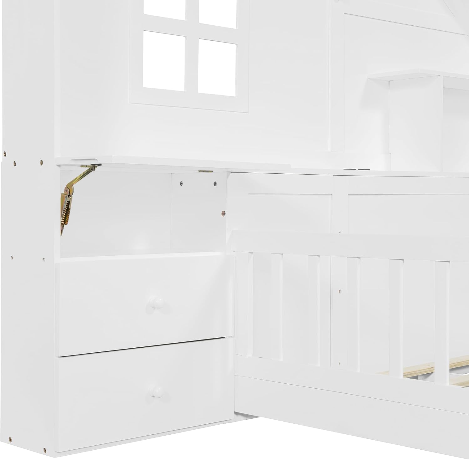 Full Floor House Bed for Kids, Wood Montessori Floor Bed with Rails, Window and Bedside Drawers, Kids Full Platform Bed with Shelves and a Set of Sockets and USB Port (Full,White)