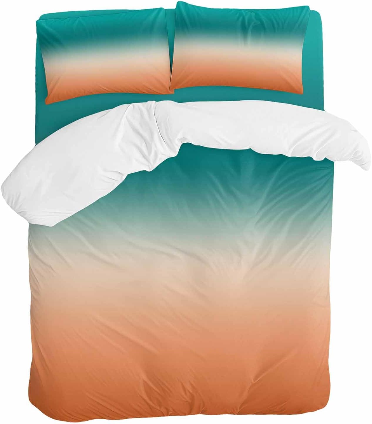 Gradient Green Duvet Cover Set Queen Size 4 Pieces Modern Minimalist Green Orange Ocean Beach Bedding Set with Zipper Closure, 1 Comforter Cover 90x92 Inches 1 Flat Sheet & 2 Pillow Cases