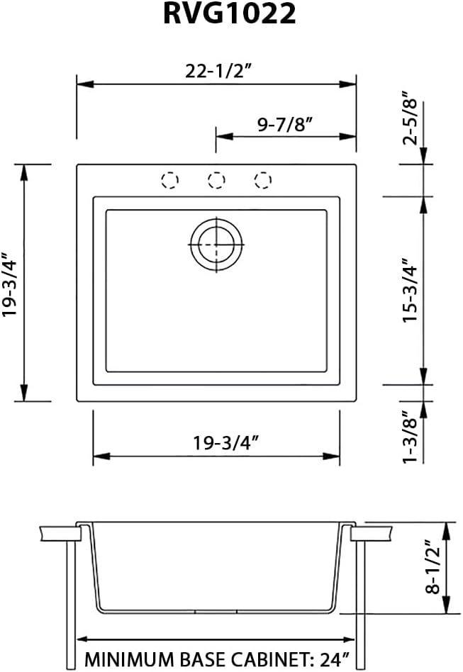 Ruvati 22 x 20 inch epiGranite Drop-in Topmount Granite Composite Quartz Single Bowl Wet Bar Prep Sink - Midnight Black - RVG1022BK