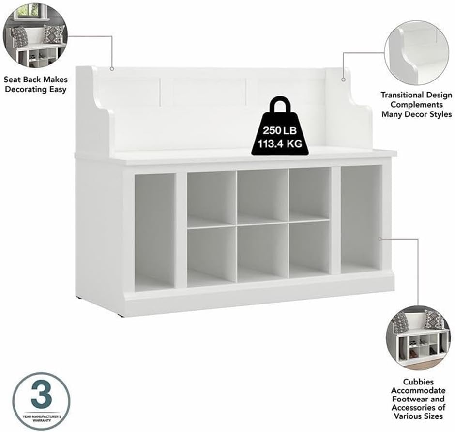 Bush Furniture Woodland Full Entryway Storage Set with Coat Rack and Shoe Bench with Drawers in White Ash | Mudroom Organizer for Footwear, Clothing