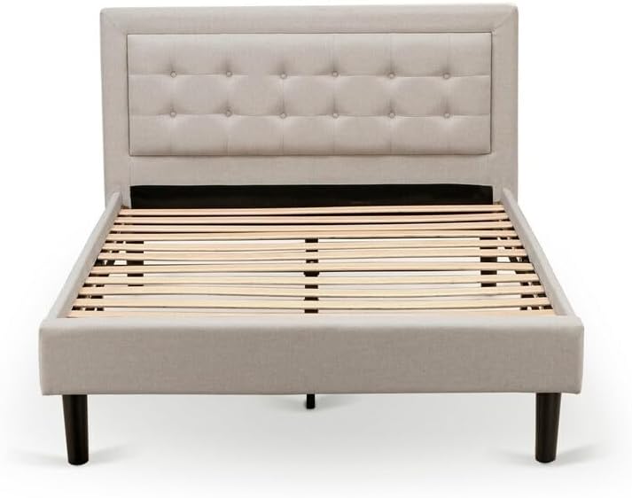 HomeStock Southwestern Sanctuary 2 Piece Platform Bedroom Set with 1 Wood Bed Frame and a Mid Century Modern Nightstand Reliable and Mist Beige Linen Fabric White/Full