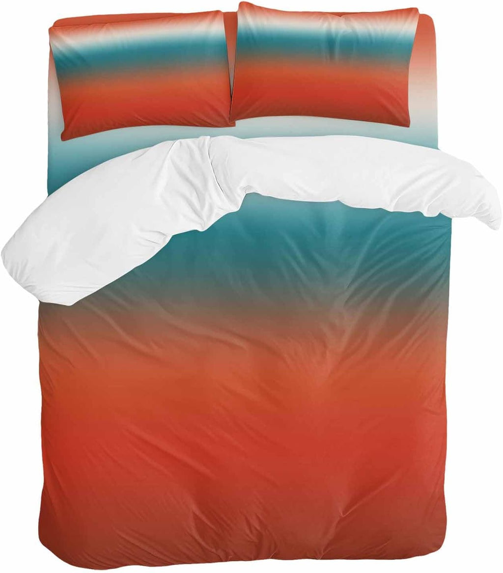 Bohemian Gradient Red Duvet Cover Set Queen Size 4 Pieces Modern Minimalist Red Blue Ocean Beach Bedding Set with Zipper Closure, 1 Comforter Cover 92x106 Inches 1 Flat Sheet & 2 Pillow Cases