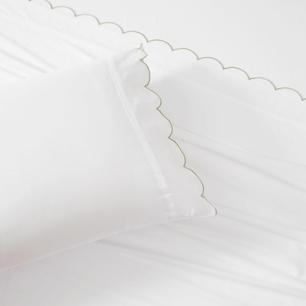 Lush Decor Coastal Chic Scalloped Edge Cotton Sheet Set 4 Piece Set King Sage - White Sheets - Scallop Trim - Bed Sheets - Coastal Decor