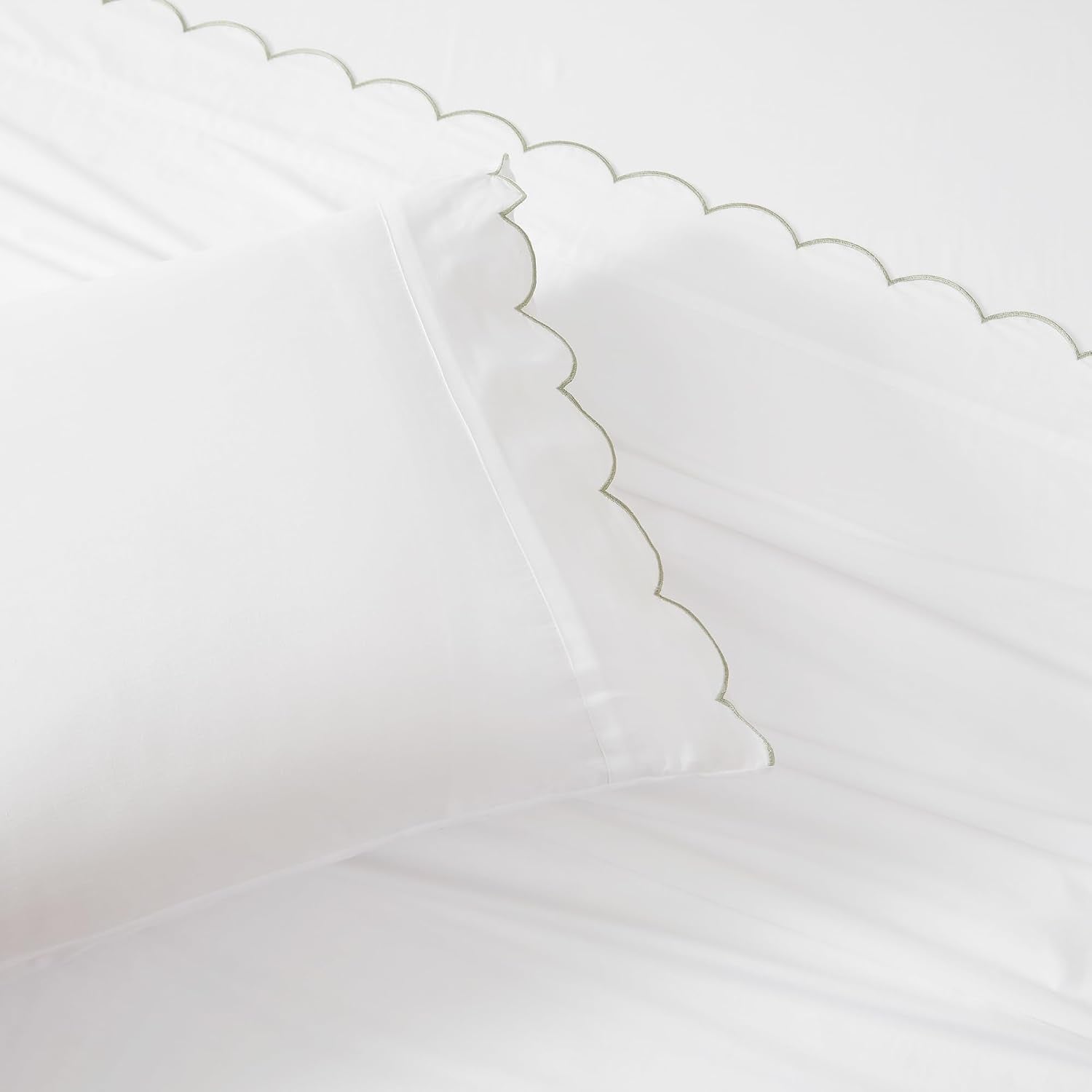 Lush Decor Coastal Chic Scalloped Edge Cotton Sheet Set 4 Piece Set King Sage - White Sheets - Scallop Trim - Bed Sheets - Coastal Decor