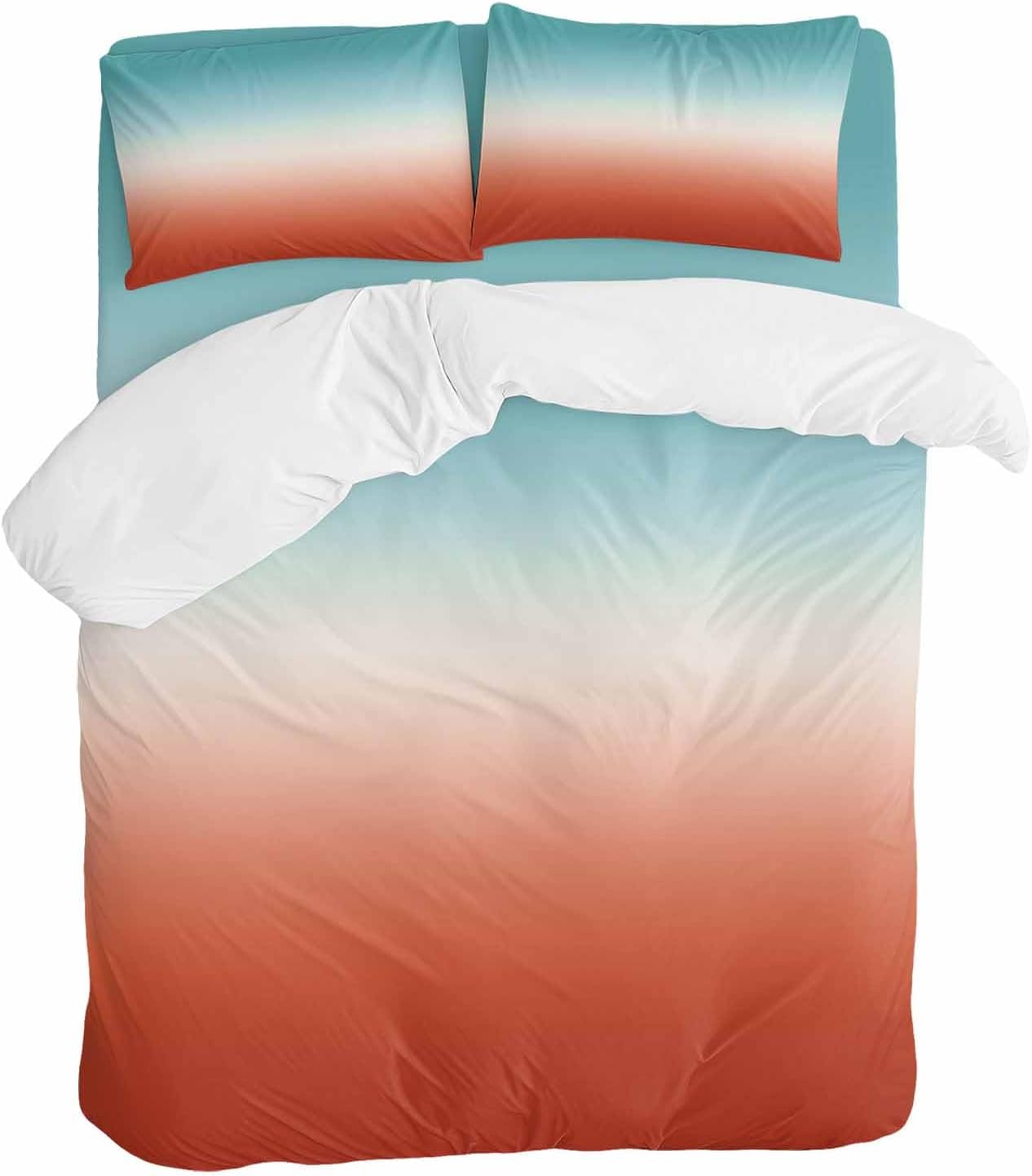 Gradient Orange Duvet Cover Set Queen Size 4 Pieces Modern Minimalist Green Orange Red Ocean Beach Bedding Set with Zipper Closure, 1 Comforter Cover 92x106 Inches 1 Flat Sheet & 2 Pillow Cases