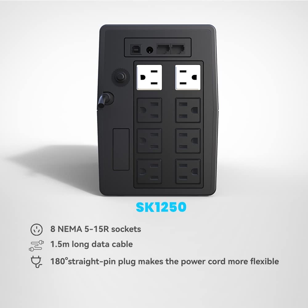 SKE SK1250 1250VA/720W UPS Battery Backup & Surge Protector - Uninterruptible Power Supply with LCD Display, AVR Voltage Regulation, 8 Outlets, Backup Power for PC, Router, NAS & Home Office
