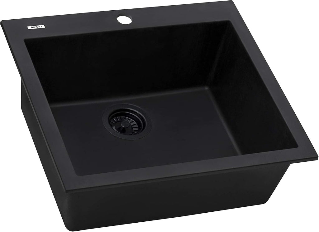 Ruvati 22 x 20 inch epiGranite Drop-in Topmount Granite Composite Quartz Single Bowl Wet Bar Prep Sink - Midnight Black - RVG1022BK