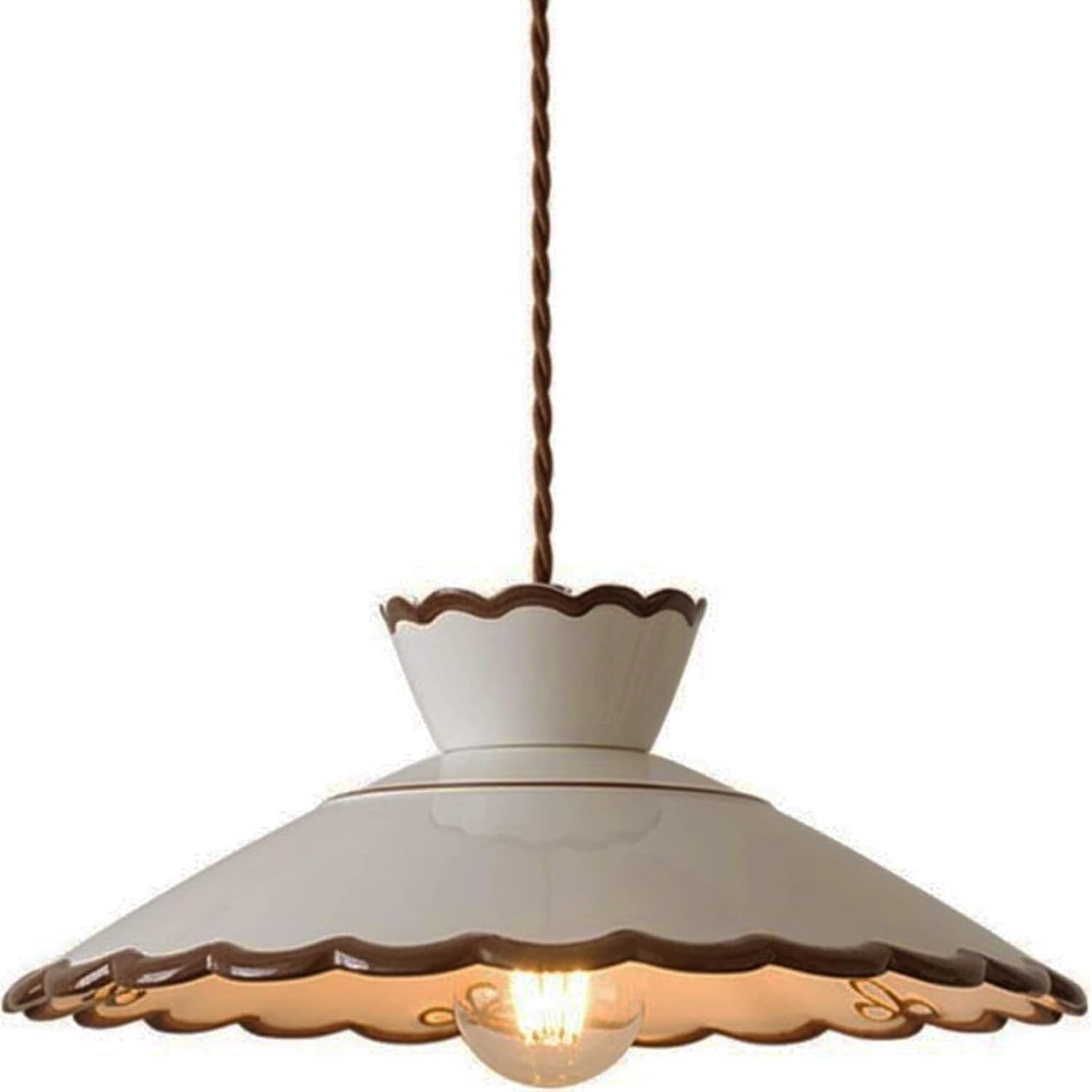 Vintage Scalloped Pendant Light, Cottagecore Farmhouse Style Hanging Lamp, Cream White Ceramic Shade, Adjustable Cord Ceiling Fixture for Kitchen Island, Dining Room, Bedroom, Cafe
