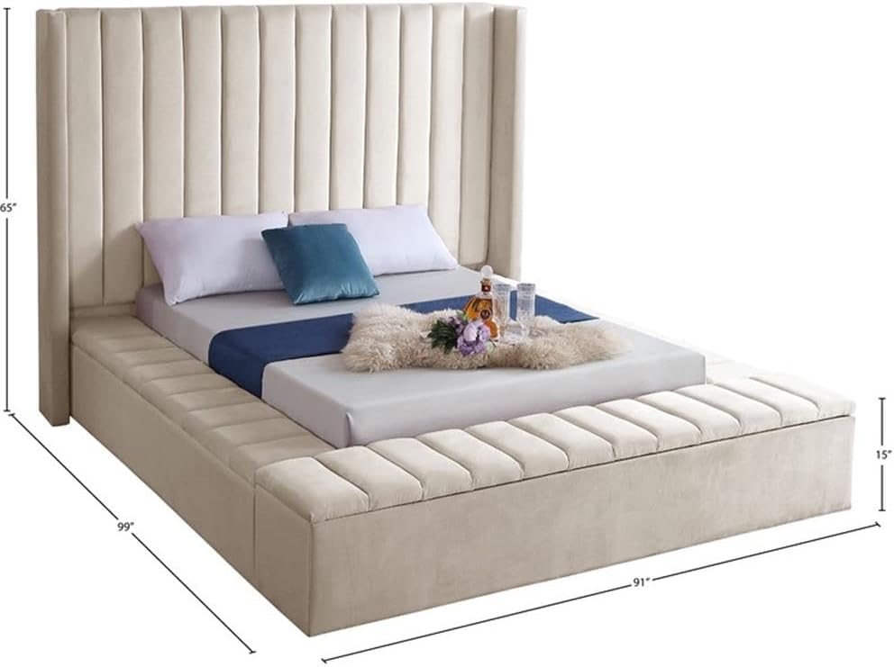 Meridian Furniture Kiki Collection Modern | Contemporary Velvet Upholsterd Bed with Channel Tufting, Siderails and Footboard Storage Compartments, Queen, Cream