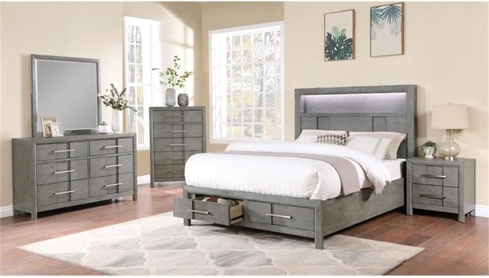 Full 5PC Modern Style Storage Bedroom Set Made with Wood in Gray