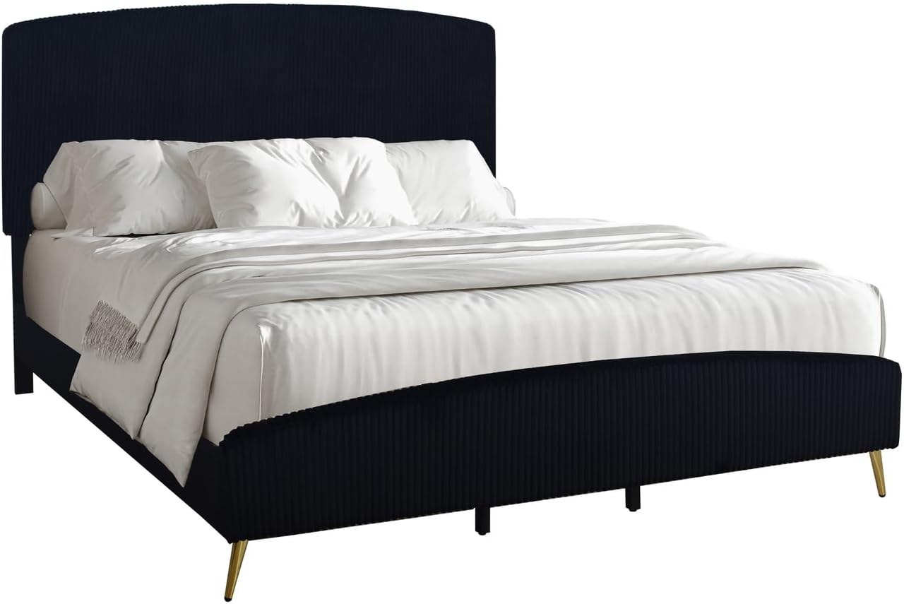 HomeStock Velvet Upholstered Panel Bed - Modern Black Bedroom Furniture California King