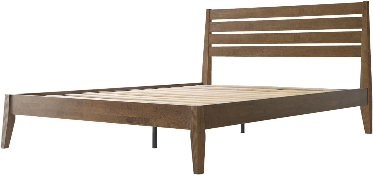 Queen Size Bed Frame, Solid Wood Platform Bed with Headboard & Footboard, Center Metal Legs, 12 Strong Slatted Base, No Box Spring Needed, Anti-Noise & Slip-Free Easy Assembly, Barnwood Finish RKQ-30