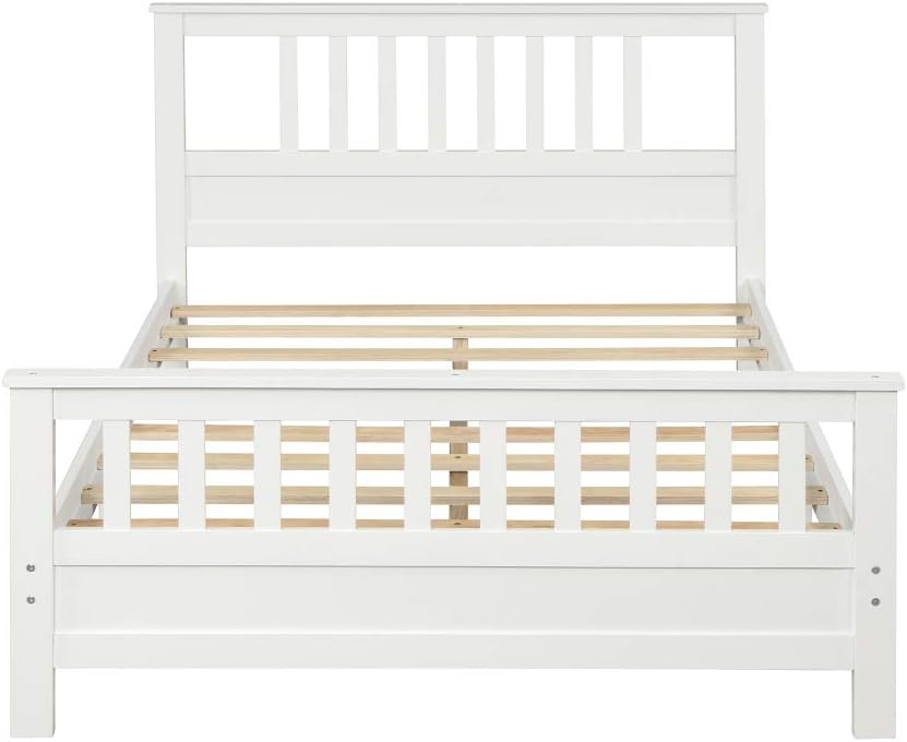 Solid Wood Platform Bed Frame with Integrated Headboard and Footboard for Supportive, Minimalist Bedroom Setup (White + Pine + Full)