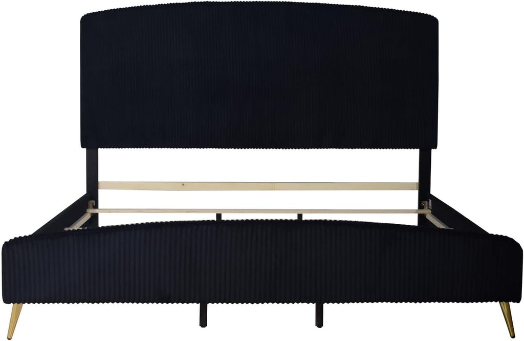 HomeStock Velvet Upholstered Panel Bed - Modern Black Bedroom Furniture King