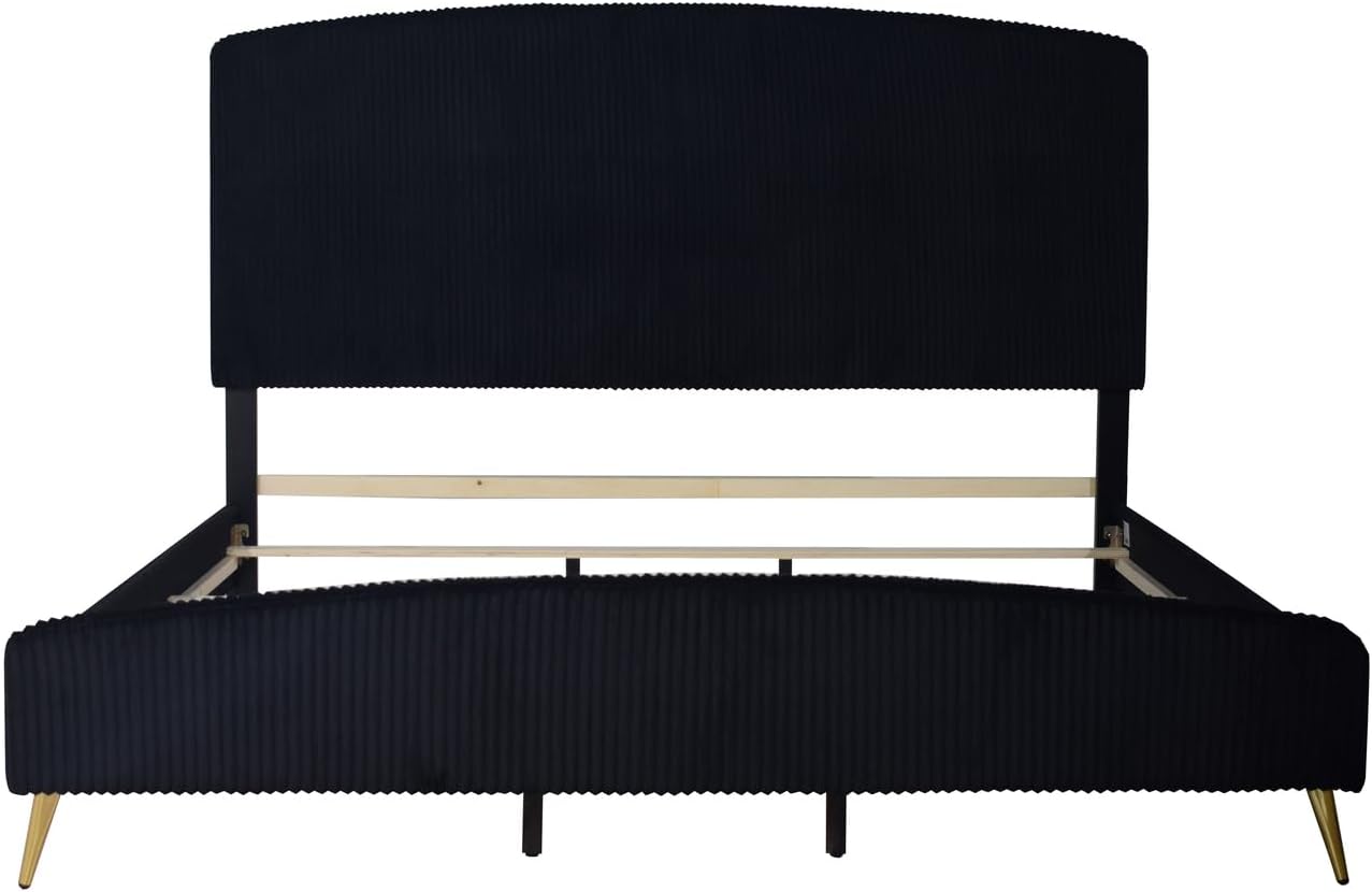 HomeStock Velvet Upholstered Panel Bed - Modern Black Bedroom Furniture King