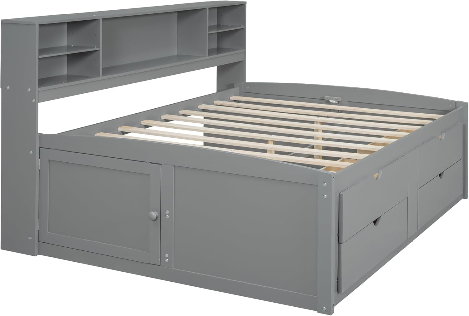 MERITLINE Full Daybed with Storage Bookcase,Shelves and Drawers,Solid Wood Full Captain's Bed Frame with Drawers for Adults,No Box Spring Needed (Grey)