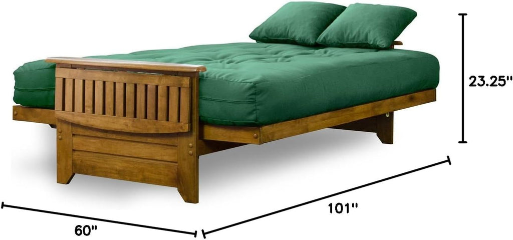 Nirvana Futons Brentwood Tray Arm Futon Frame, Drawers, and Hunter Green Mattress Set - Queen, Rich Heritage Finish