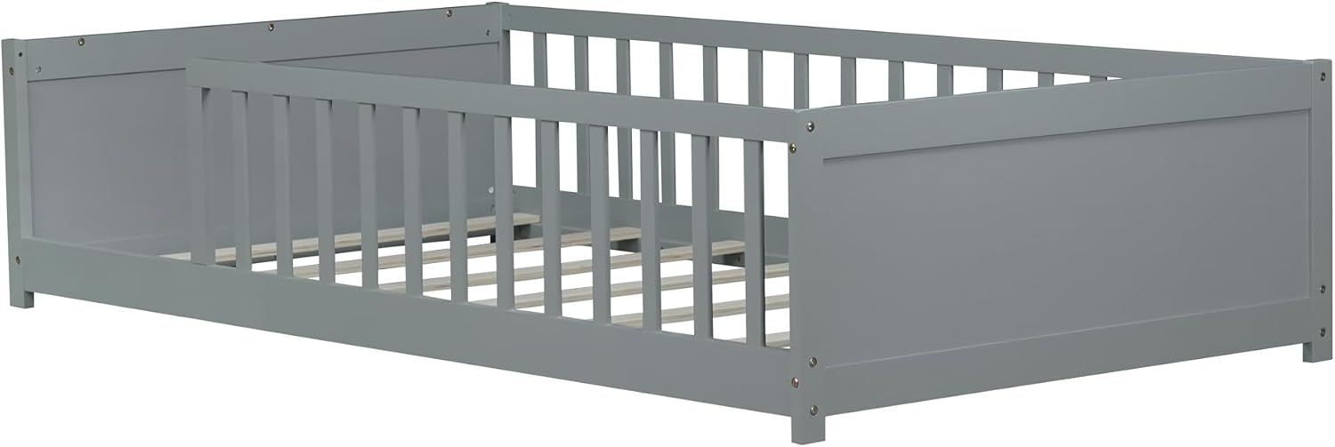 Twin Size Kids Montessori Floor Bed,Twin Floor Bed Frame with Slats and Bookcase,Solid Wood Montessori Bed for Girls Boys,Grey