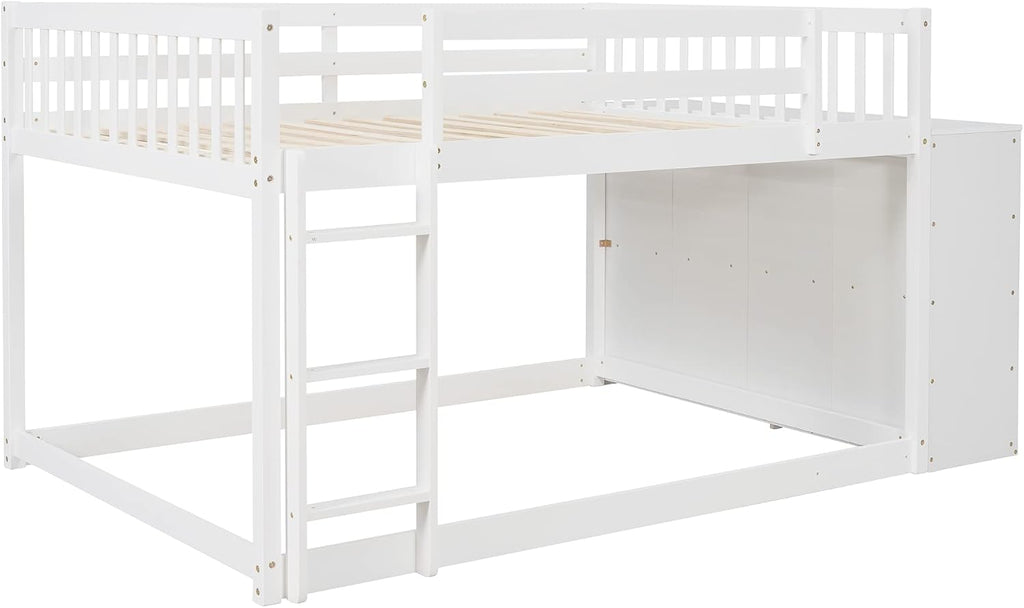 Full-Over-Full Size Bunk Bed, Bedroom Furniture Pine Wood Bed Frame with Storage Drawers and Open Shelves, Drawers and Shelves Set Can Be Moved, for Kids & Teens (White)