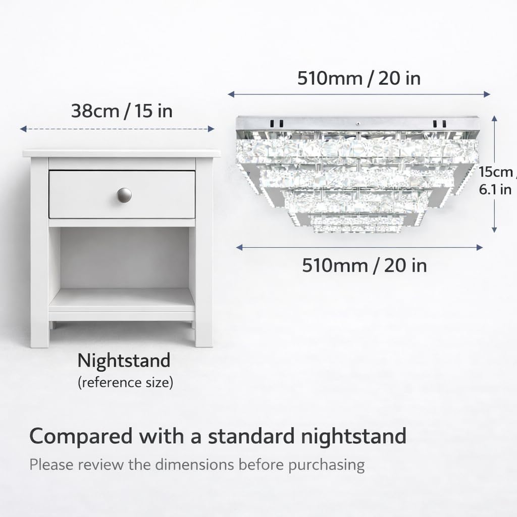 Finktonglan Modern Crystal LED Ceiling Light Fixture 20' Rectangular Flush Mount Chandelier Ceiling Lights 3-Tiers Stainless Steel Ceiling Lamp Fixtures for Living Room Dining Room(6500K Cool White)