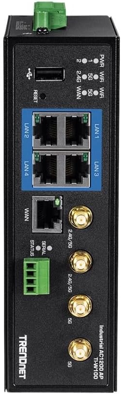 TRENDnet Industrial AC1200 Wireless Dual Band Gigabit Router, TI-W100, 4 x Gigabit PoE+ Ports, 1 x Gigabit WAN Port, IP30 Housing, Dual-WAN, VPN, DIN-Rail Mount, NDAA + TAA Compliant