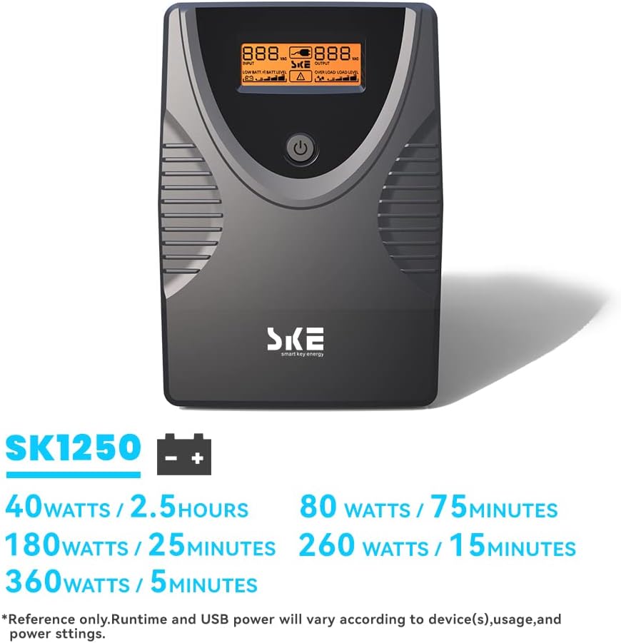 SKE SK1250 1250VA/720W UPS Battery Backup & Surge Protector - Uninterruptible Power Supply with LCD Display, AVR Voltage Regulation, 8 Outlets, Backup Power for PC, Router, NAS & Home Office