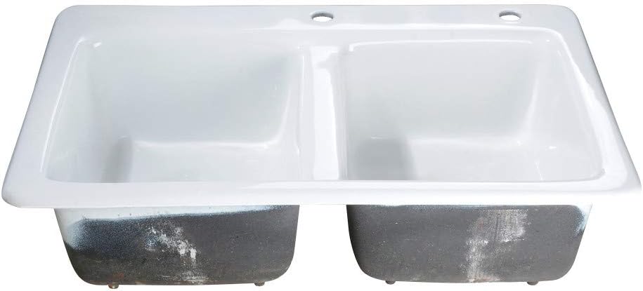 Gourmetier GT33229D2 Petra Galley 33-Inch Cast Iron Double Bowl Drop-In Kitchen Sink, 2-Hole, White