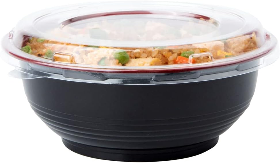24 Ounce Food Containers, 200 Disposable Salad Bowls - Lids Included, Microwavable, Black And Red Plastic To Go Bowls, Asian Inspired, Perfect For Picnics, Or Take Outs - Restaurantware