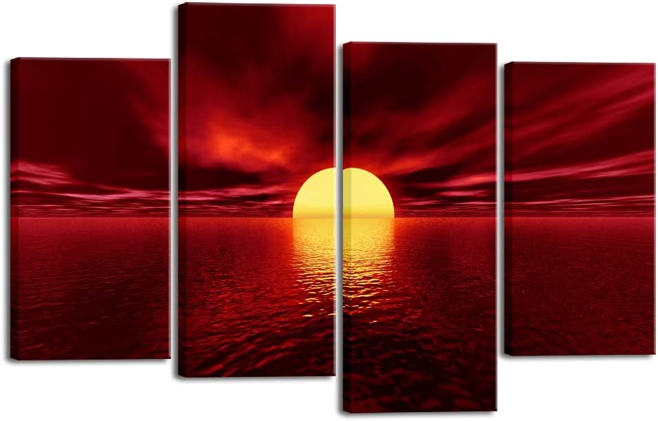 Wieco Art Large 4 Piece Red Sea Canvas Wall Art, Modern Sun Seascape Beach Canvas Prints, Stretched Ocean Landscape Artwork, Ready to Hang Wall Decor for Living Room Bedroom Home Office