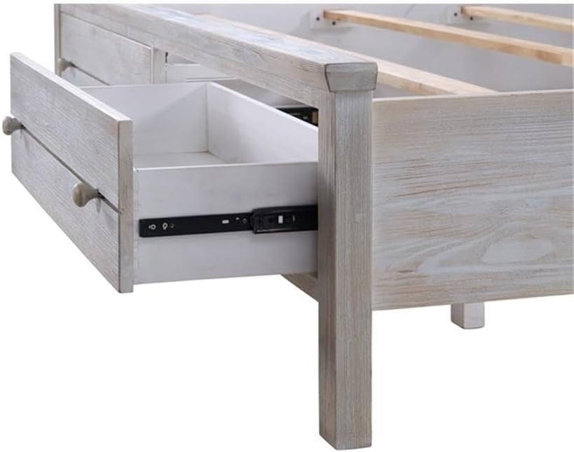 Pemberly Row Solid Wood Queen Storage Bed, Distressed Grey White Finish, Durable Constructed Spruce Frame, Rustic Transitional Design, Bedroom Furniture with Storage Footboard