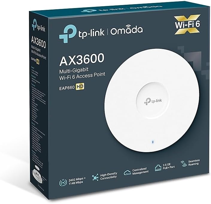 TP-Link Omada WiFi 6 High Density Wireless Access Point - AX3600 Dual Band, 2.5G Port, PoE+ or DC Powered, DC Adapter Included, 5yr Warranty, 8 Spatial Streams, Business WiFi Experience(EAP660 HD)